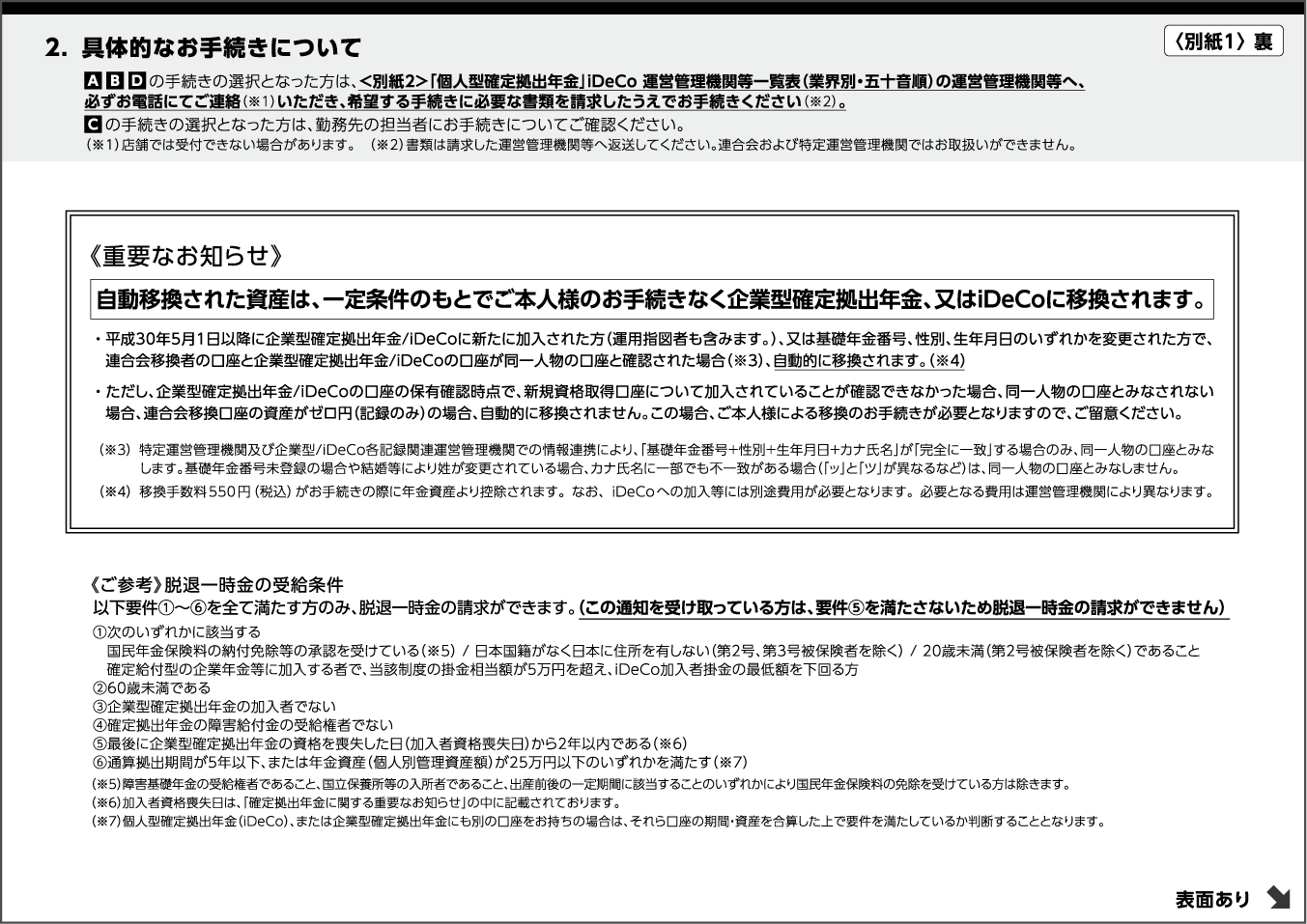 今後のお手続きについて〈別紙1〉裏
